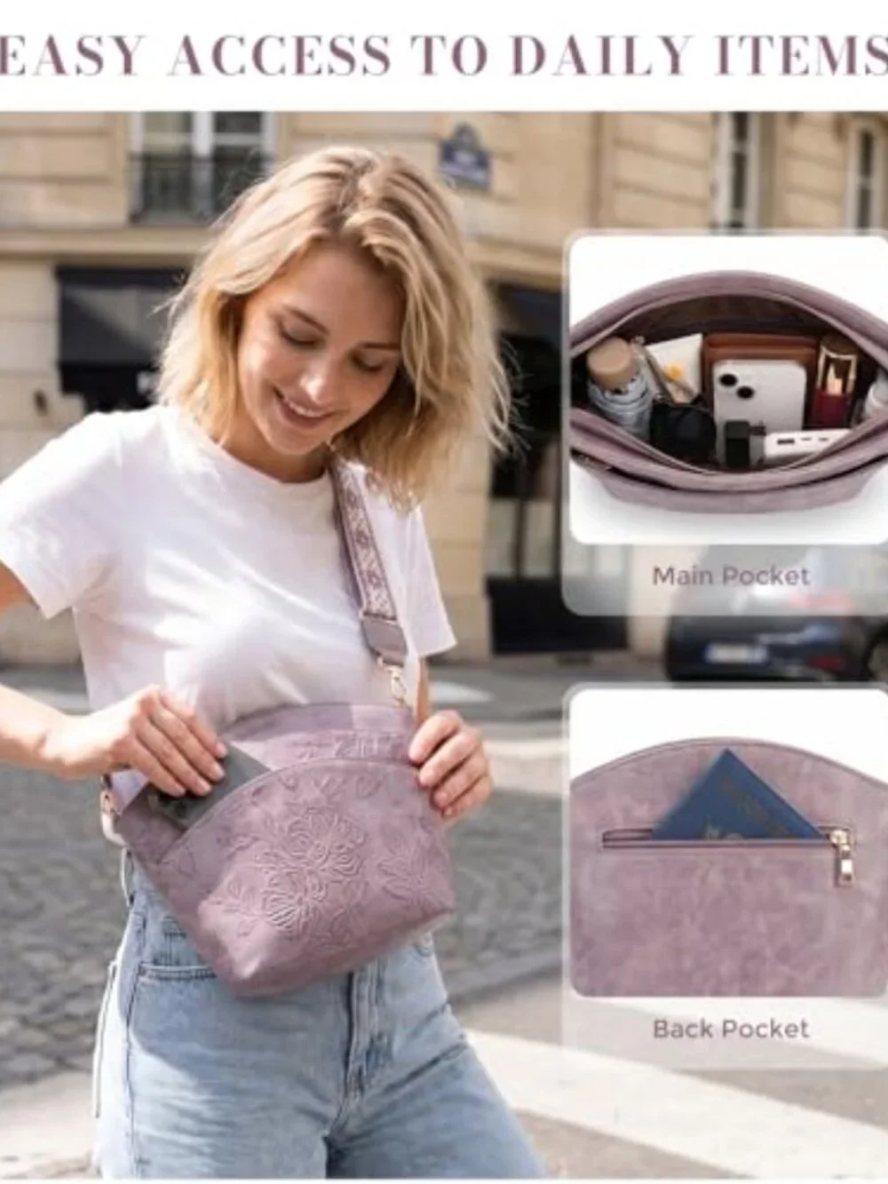 Embossed Vegan Leather Crossbody Bag with Boho Strap Travel Handbag